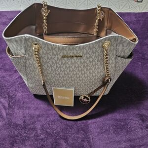 Michael Kors Gray and Tan Shoulder Bag with Gold Chain Details
